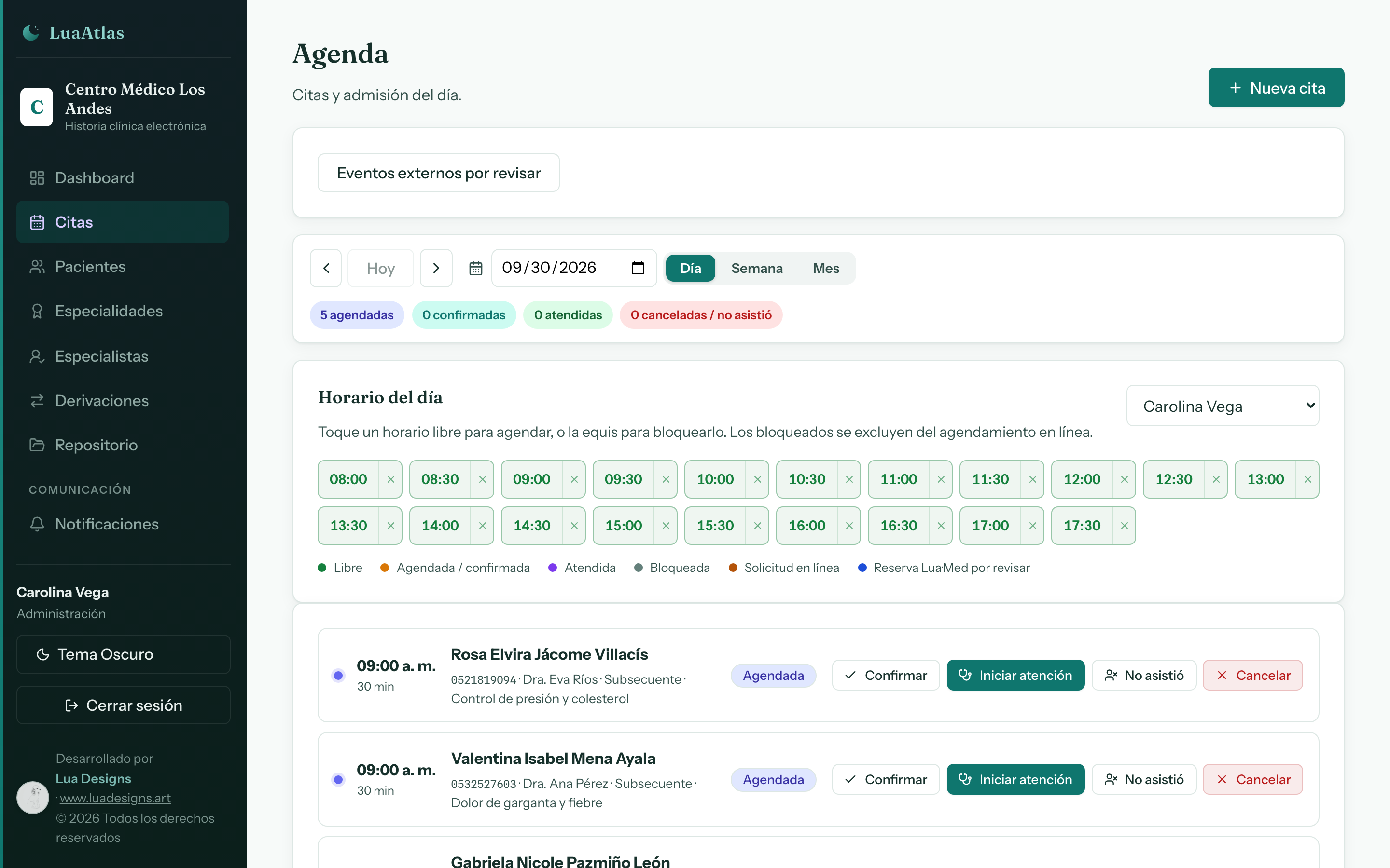 LuaAtlas · Agenda: La agenda del día con cada cita, su estado y un clic para confirmar, iniciar la atención o marcar inasistencia.