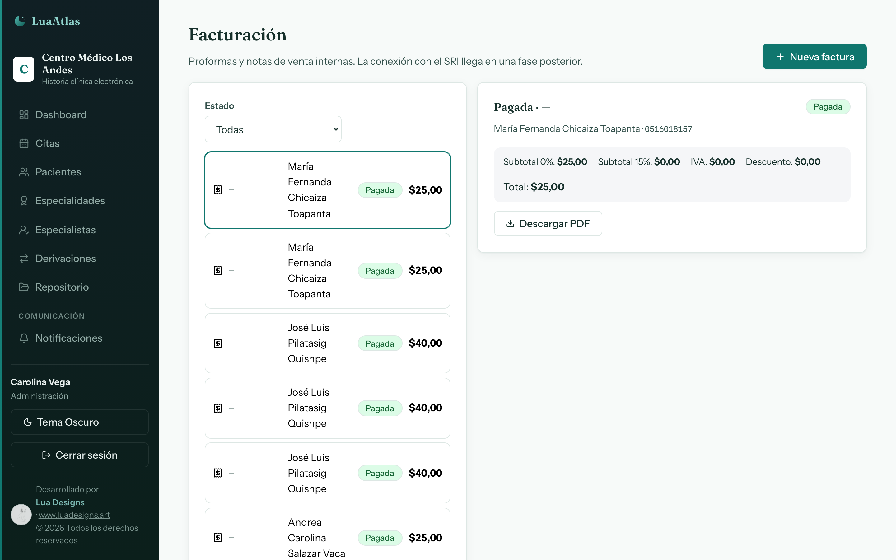 LuaAtlas · Facturación: Proformas, notas de venta y cobros por paciente, con su PDF listo.
